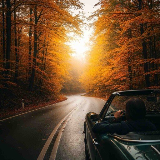 Peaceful scenic drive through forest with golden autumn colors, symbolizing self-reflection and nature therapy on the road.