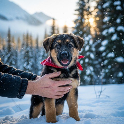 Young German Shepherd Puppy standing in snowy woods near Valdez, Alaska, during a winter trip — a touching rescue and bonding story.