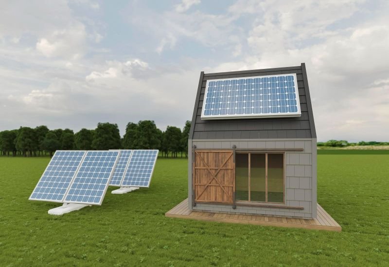 Off‑grid tiny home with solar panels and composting toilet in a remote cabin‑style setting