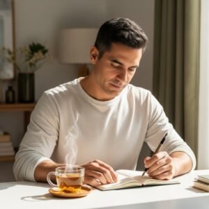 A peaceful anxiety journaling setup with tea, pen, and notebook, symbolizing mental clarity and self-care during recovery