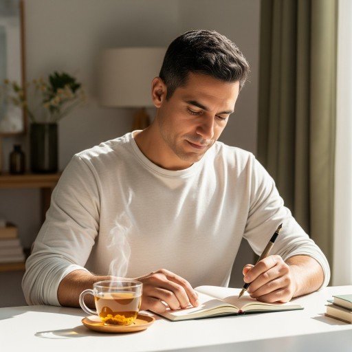A peaceful anxiety journaling setup with tea, pen, and notebook, symbolizing mental clarity and self-care during recovery