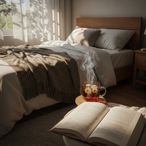 What Worked at Night Gotta Stop the Racing Mind A cozy bedroom that has light filtered by tree shadows, a steaming cup of tea, and a book with written words