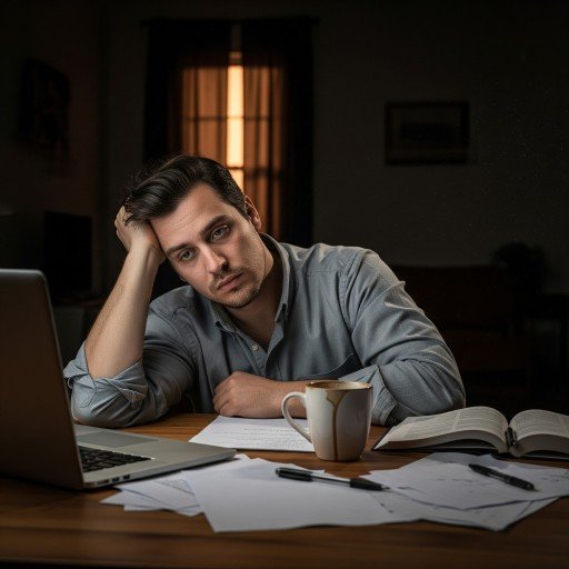 Exhausted person sitting in a dim room, emotionally drained and mentally fatigued, symbolizing hidden burnout symptoms at home.

