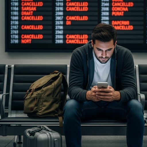 Traveler sitting alone on an airport bench with luggage during air strike Canada, checking phone while a departure board shows flight cancellations.