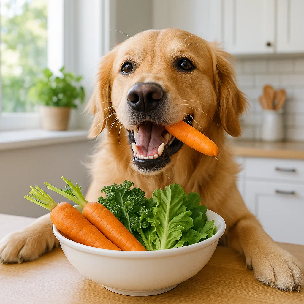 A healthy dog enjoying fresh carrots and greens, symbolizing natural diet strategies for canine weight management and overall wellness.
