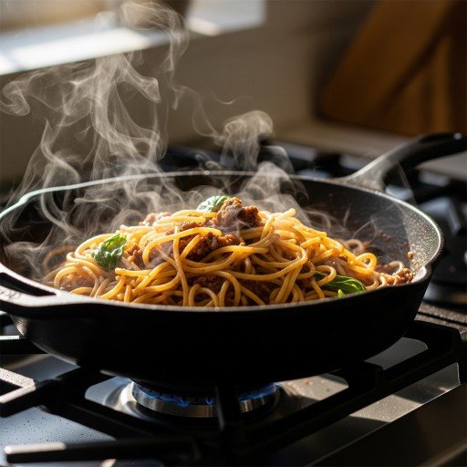 A stovetop in which a pan is reheating leftover food, presenting the advantages of cooking without a microwave.
