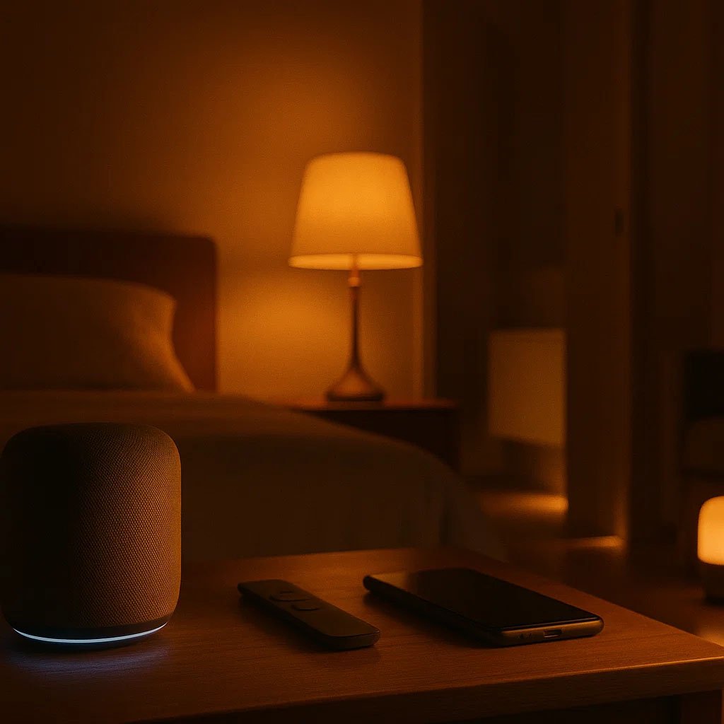Calm bedroom showing voice-first lighting control: smart speaker on table, dim-to-warm bedside lamp, low hallway path lights, remote on nightstand, phone face-down.