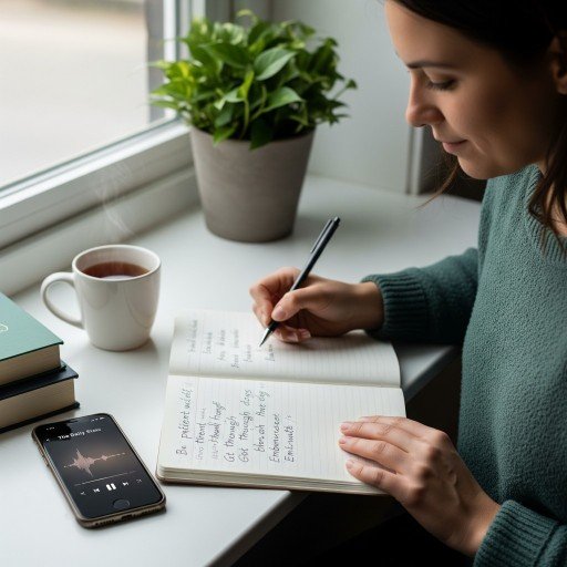 Person journaling emotional wellness goals beside calming tools like tea, books, and a mental health podcast, reflecting a realistic self-care mindset.

