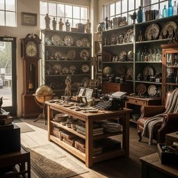 Inside shot of the Antique Archaeology in Columbia TN with a shot displaying antique artifacts and simple presentation.