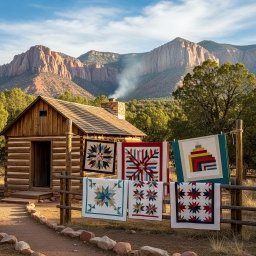 Historic pioneer cabin in Escalante, a small town in Utah, exhibits heritage quilts and pioneer life of the frontier.)
