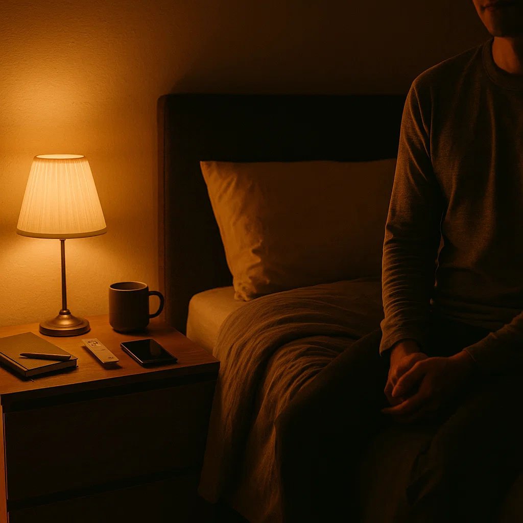 Bedroom at night with a warm dim bedside lamp and tiny amber nightlight guiding to a softly lit hallway—conveying calmer nights through gentle smart lighting.