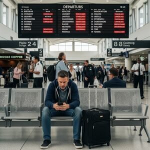 An airport departure board showing canceled flights with a frustrated traveler sitting nearby, representing Jacksonville flight discontinuations.