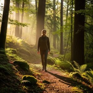 Person practicing mindful walking in a sunlit forest path to relieve stress and find balance.
