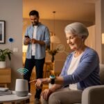 Elderly woman using smart elder care tech while her son monitors her safety through an app in a calm, well-lit home.