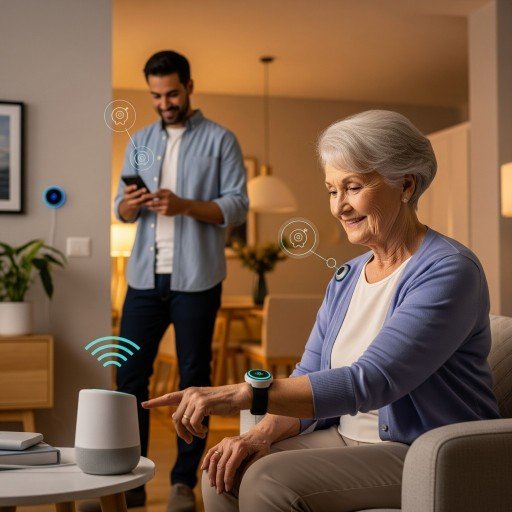 Elderly woman using smart elder care tech while her son monitors her safety through an app in a calm, well-lit home.
