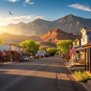 Serene sunrise over mountains near a small town in Utah, rekindling love for America's natural beauty and community spirit.