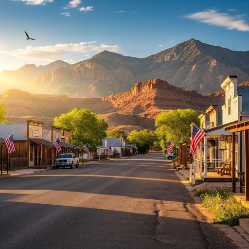 Serene sunrise over mountains near a small town in Utah, rekindling love for America's natural beauty and community spirit.
