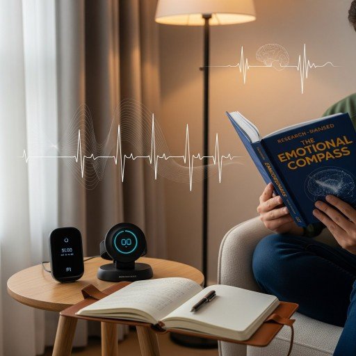 Individual exploring science-based emotional wellness tools like sleep trackers and journals, emphasizing facts over trends in self-care practices.

