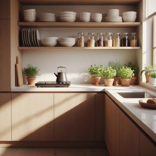 Minimalist kitchen with clean white and light wood design, open shelves, potted herbs, and sunlight streaming in, reflecting a simple and clutter-free lifestyle without a microwave.