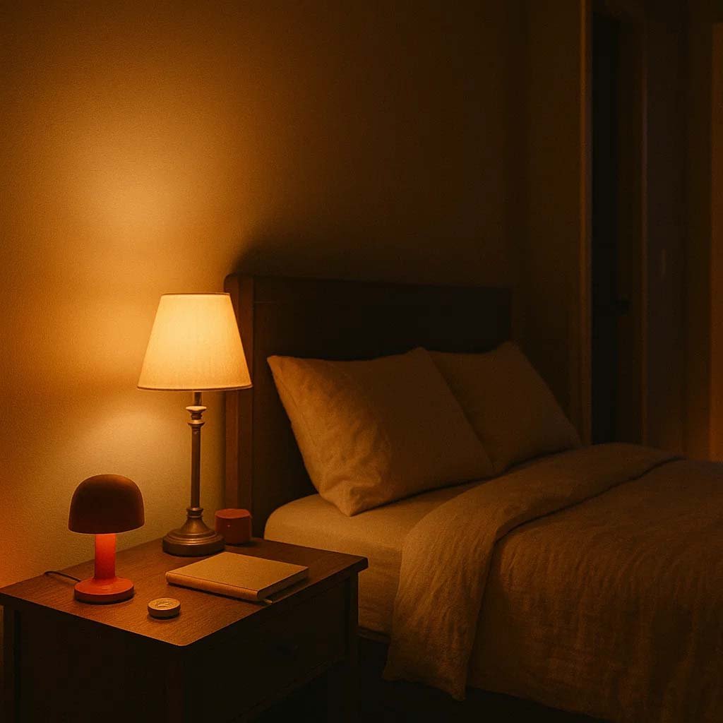 Cozy bedroom at dusk with a lamp fading to warm amber, tiny baseboard nightlight, and soft hallway/bathroom glow—visualizing a six-step wind-down.