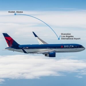 Airplane silhouette with multiple flight-path lines illustrating diversion from Kodiak to LAX