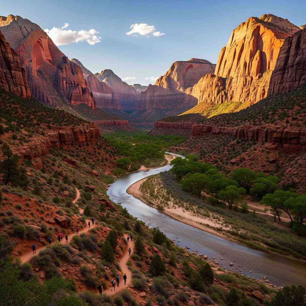 Scenic canyon view inside Zion National Park with towering red cliffs, clear river, and hikers exploring the natural beauty of Utah.