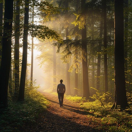 (All elements: Person mindful walking on a relaxing forest pathway to get mental stimulus.)