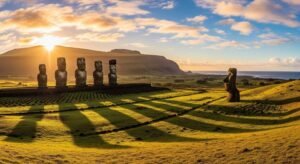 Realistic sunrise view of Easter Island moai statues with ocean and green landscape in the background.