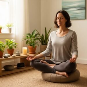 Peaceful woman meditating at home, creating emotional wellness through mindful self-care in a cozy space.