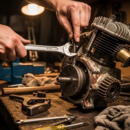 Hands-on process of vintage motorcycle restoration with tools and patina preservation.