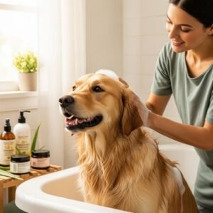 Dog enjoying a bath with natural pet care shampoo to soothe skin rash and allergies
