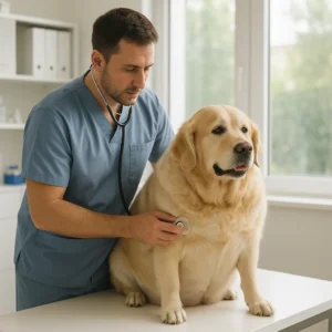 A veterinarian carefully examining an overweight golden retriever, symbolizing the discussion on Ozempic for Dogs and safe weight management options in 2025