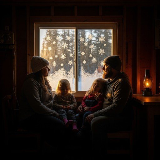 Psychological Well-being, Family, and Surprises of a Kind Family portrait in the sunrays of a cab bare cab window which is decorated with snowflakes, which are like bits of a whispering. The distance separating families is brought forward through relationships in the night of Alaska with no electricity
