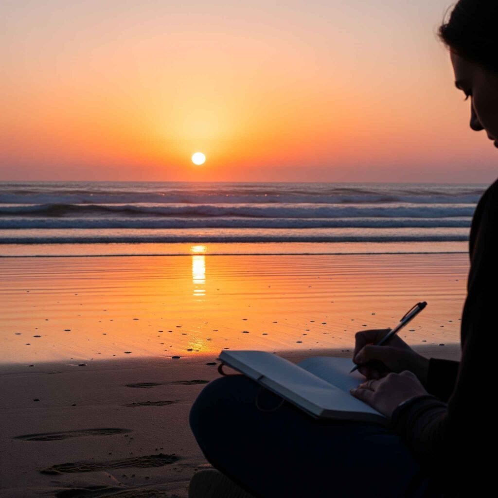 Solo traveler meditating against a background of silence at the beach to promote emotional health.