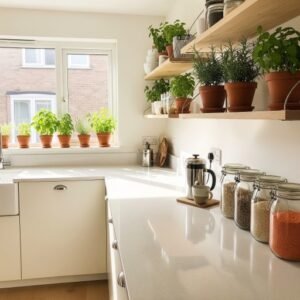 Minimalist small kitchen counter with no microwave, emphasizing simplicity