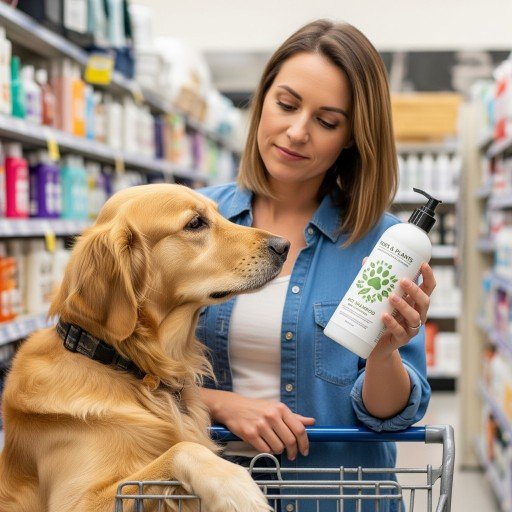 An animal owner is shopping through a shampoo bottle to select an all-natural and non-poisonous version.