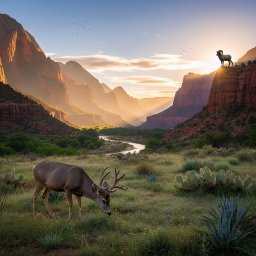 A peaceful view in Zion National Park with a mule deer in the meadow and a bighorn sheep on the cliffs, symbolizing wildlife, silence, and mindfulness.