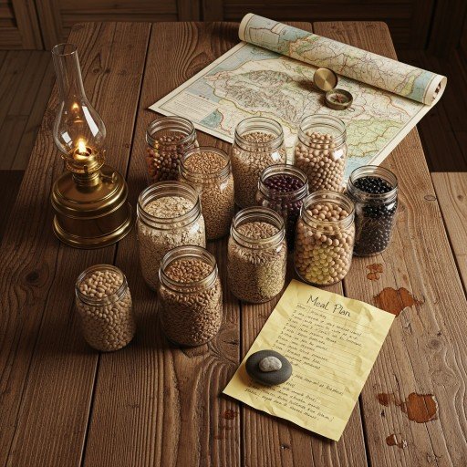 The 30-Day Grocery Store Cleansing – This is when there are no Aisles A rustic remote cabin kitchen setup with dried foods in jars, a handwritten meal plan, and no sign of modern grocery conveniences.