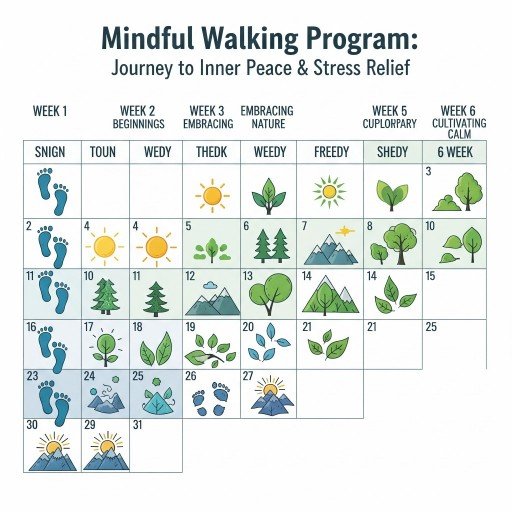 (6-week mindful walking change program calendar to improve self and relieve stress.) 
