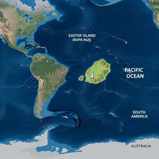 Illustrated map of where is Easter Island is located in the great Pacific Ocean.