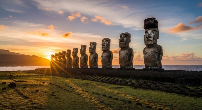 (Sunrise scene of moai statues Easter Island with their complete figures)