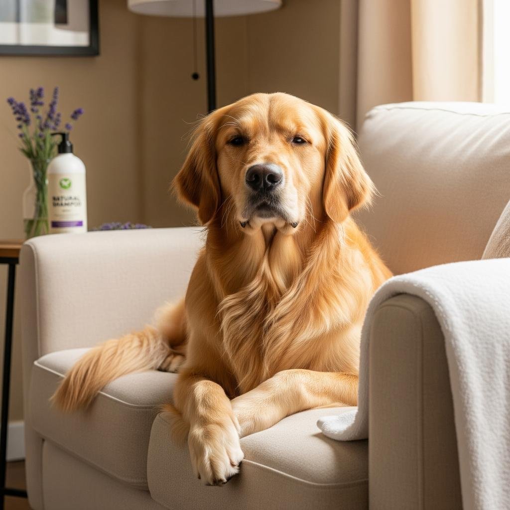 A well-fed dog with a clean coat and resting temper holds its/head up after natural pet care.