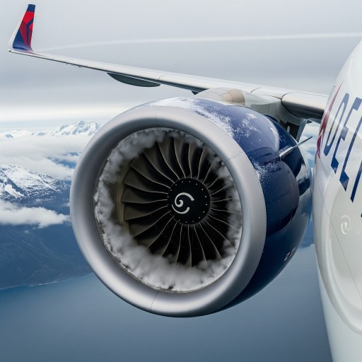 Close-up of a Delta Air Lines jet engine in flight over cold Alaskan waters, highlighting the anti-ice system near the engine inlet in realistic detail.