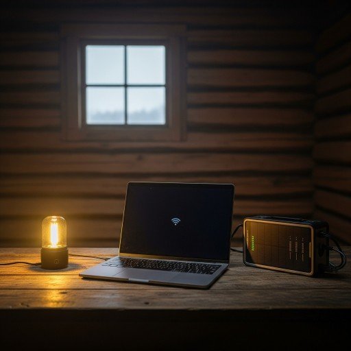 There are Three Powers WiFi, Water, and Power An off-grid cabin workspace with a laptop, solar setup, and dim lighting, symbolizing limited power and internet in remote living.