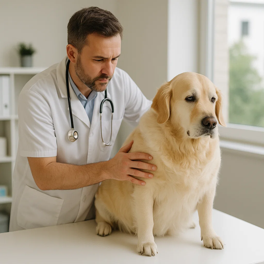 A veterinarian carefully examining an overweight golden retriever on the examination table, highlighting professional care for canine obesity