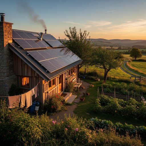 Will You Have the Money to Enjoy Remote Living The Aftershock and the Down of Mine A rural off-grid home with solar panels at sunset, symbolizing the financial and lifestyle shifts in remote living.