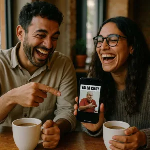 Friends laughing at a Yalla Choy meme on a phone in a café.