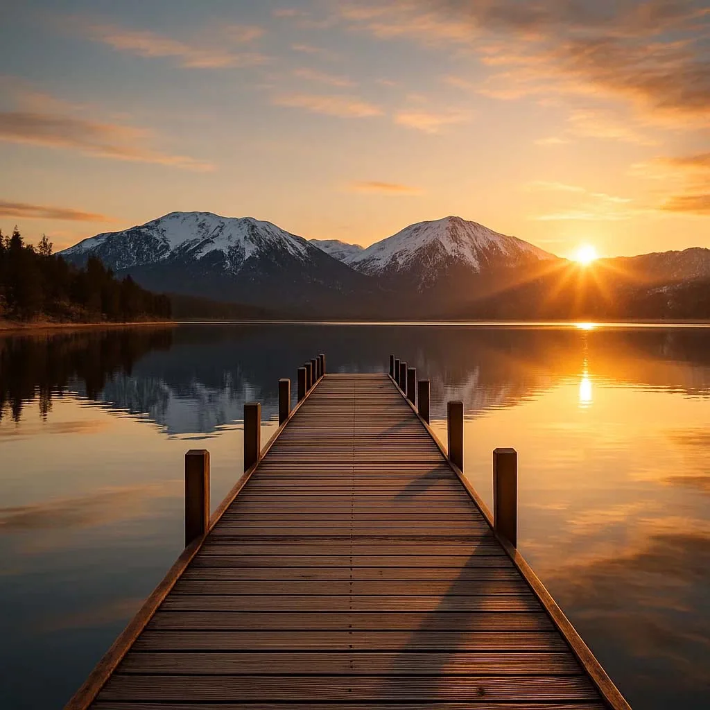 Sunrise view over Big Bear Lake with snowy mountains and wooden pier.