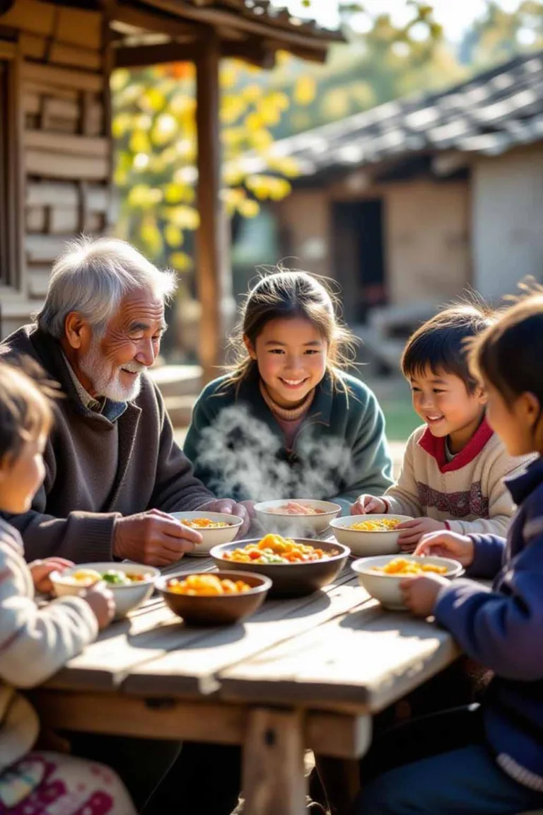 Elders and children sharing a forgotten tradition (Hormita) around a table.