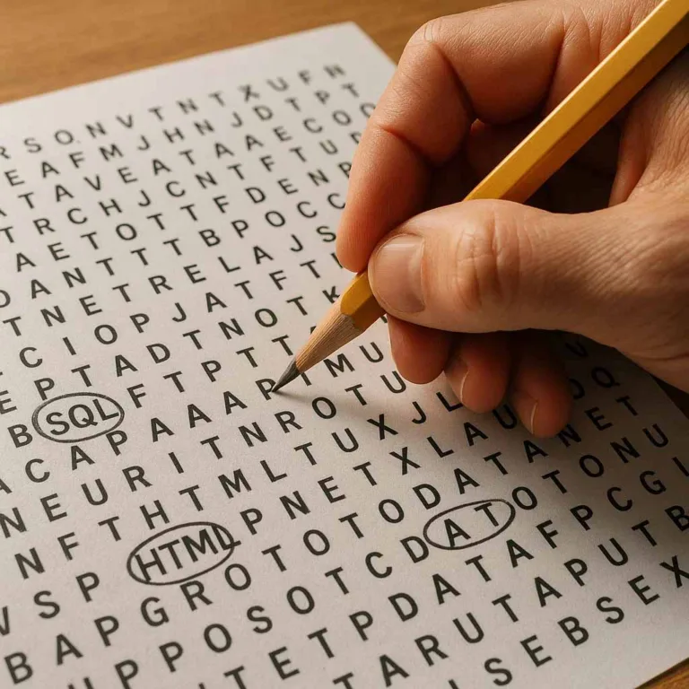Hand solving IT word search puzzle with acronyms highlighted.